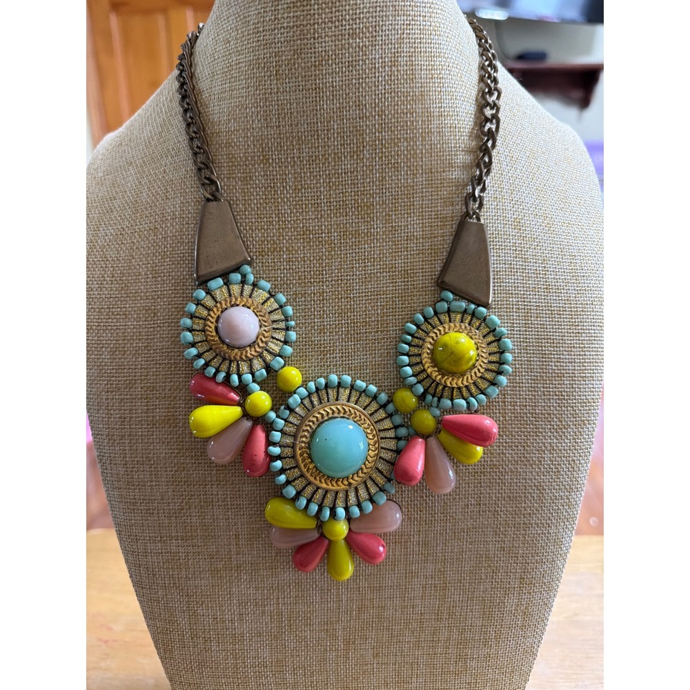 Boho Statement Necklace Colorful Resin Bead Medallion Antique Brass‎ Tone